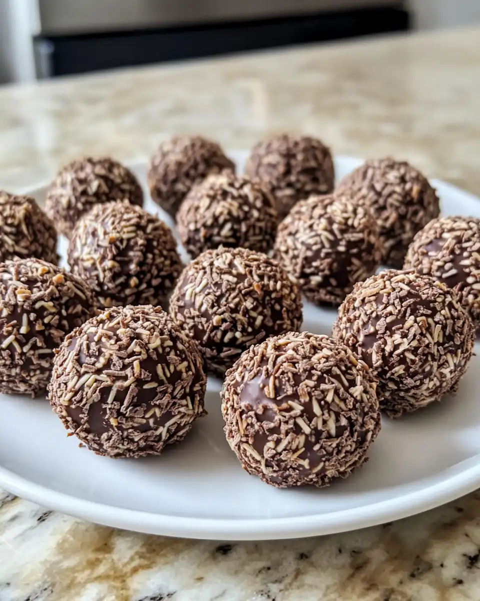 Finished chocolate balls with dark chocolate coating and pistachio sprinkle on top