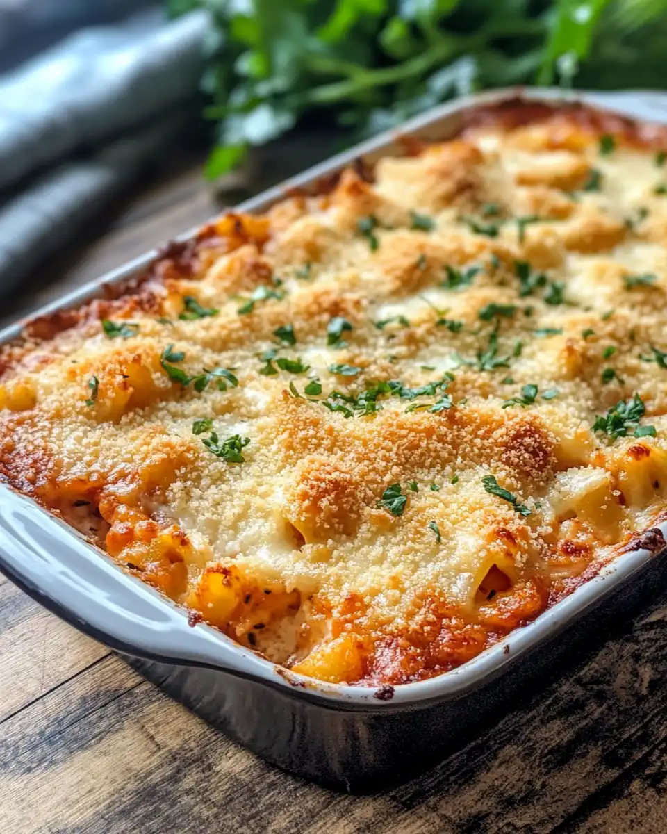 Baked chicken parmesan casserole with melted cheese