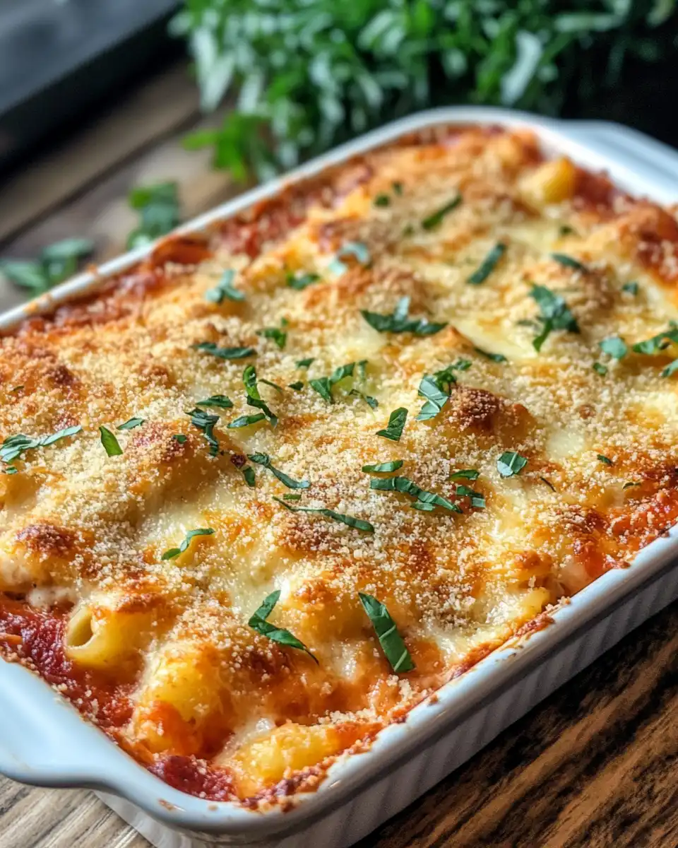 Close up of chicken parmesan casserole with breadcrumb topping
