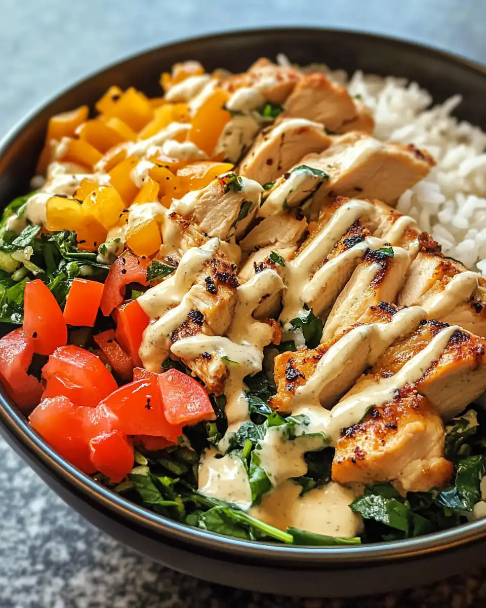 Fresh ingredients prepared for easy chicken rice bowls with garlic sauce