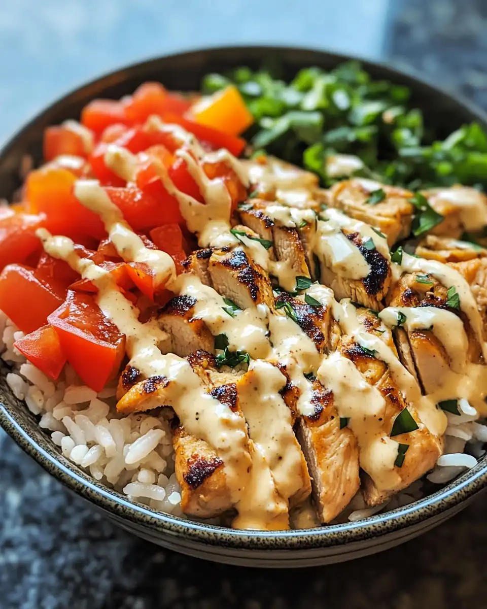 Easy chicken and rice bowls with creamy garlic sauce in pressure cooker setting