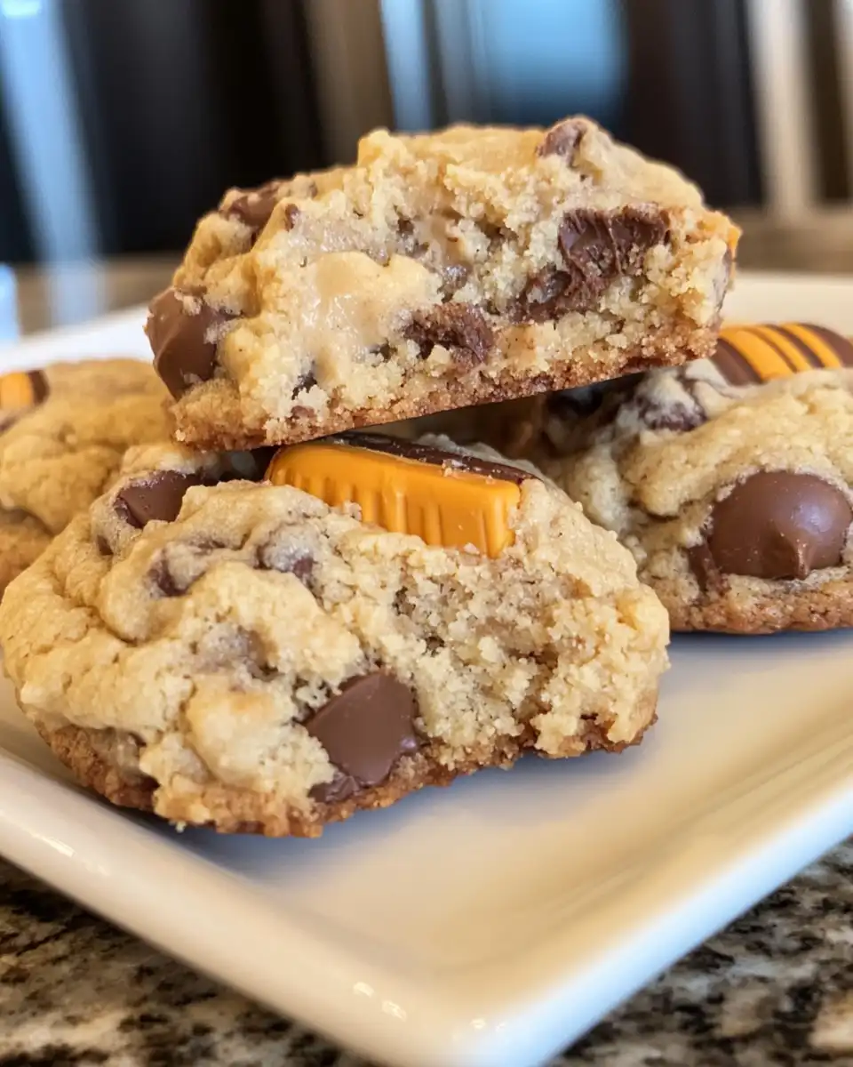 Close-up of gooey Reese's cheesecake cookies with melted chocolate drizzle