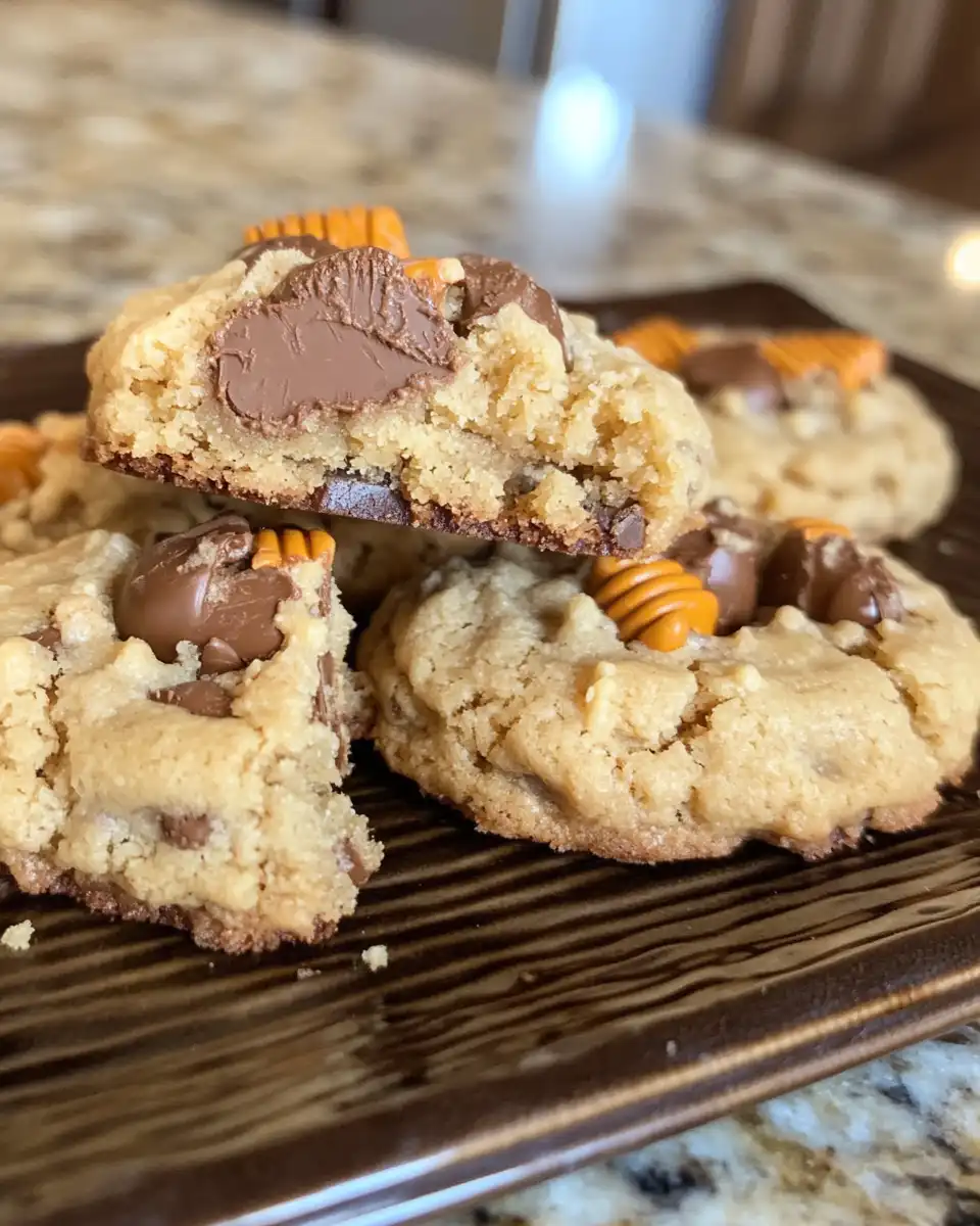 Stack of Reese's cheesecake cookies showing gooey texture inside