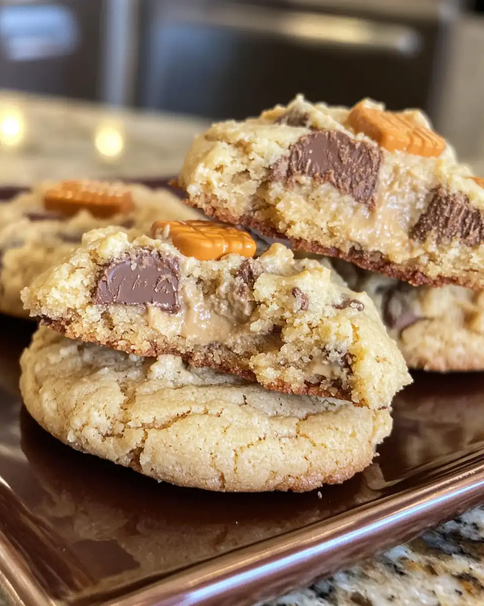 Freshly baked gooey Reese's cheesecake cookies on a cooling rack