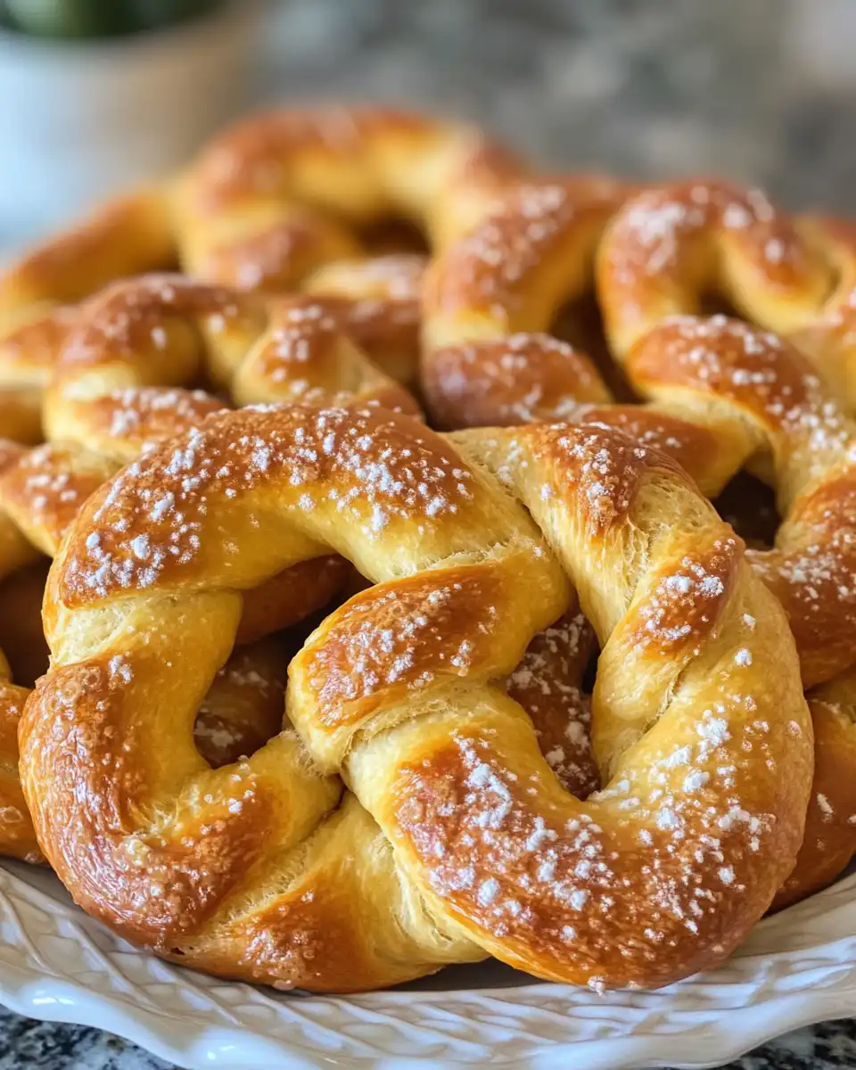 Ingredients for homemade soft pretzels including yeast, flour, water, and baking soda bath