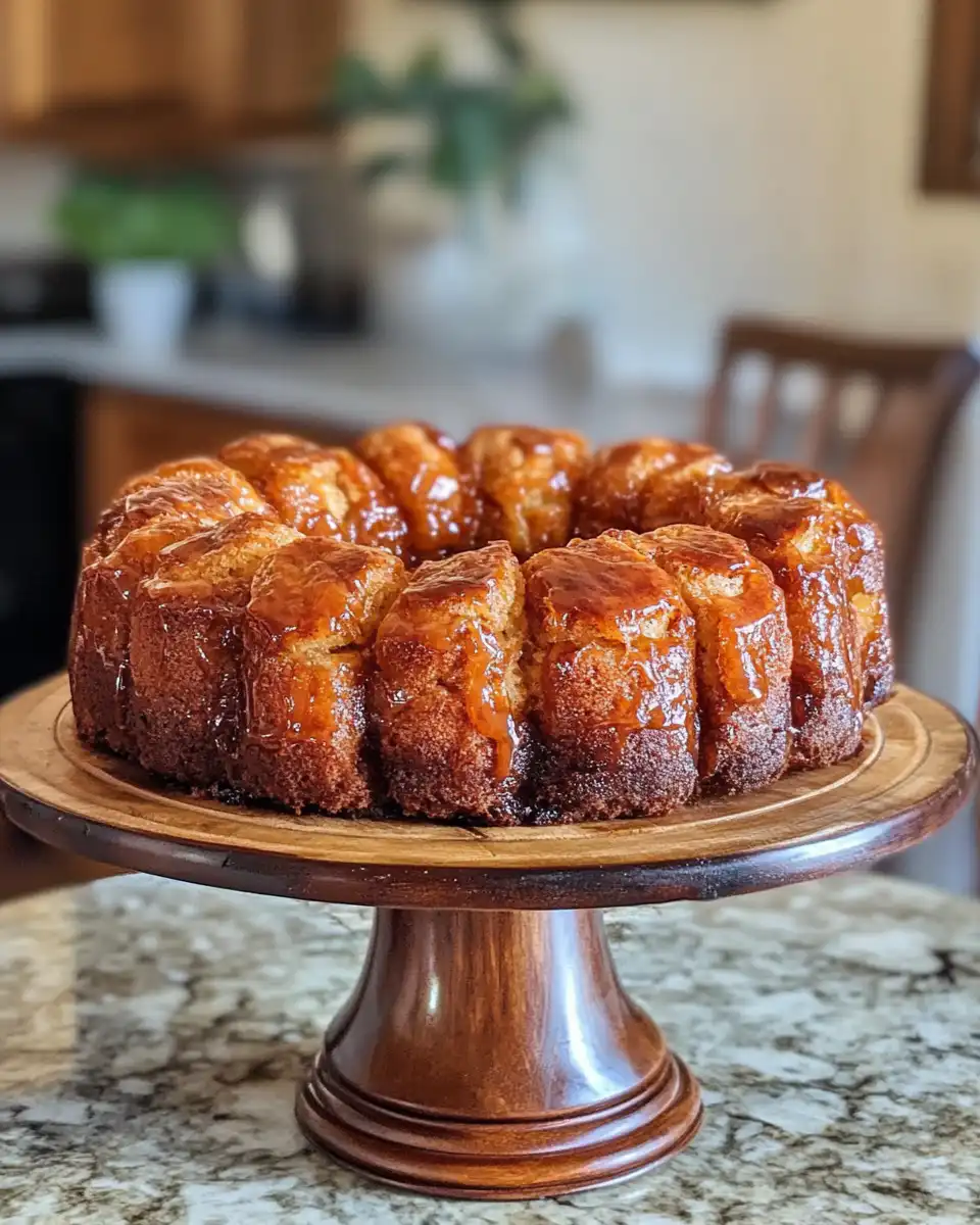 Biscuit pieces layered in bundt pan with butter and sugar mixture poured on