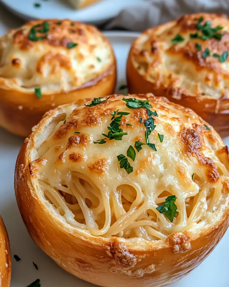 Delicious spaghetti in garlic bread bowls served with fresh herbs