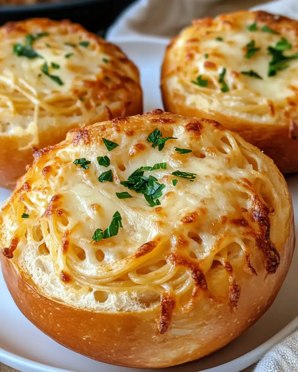 Spaghetti garlic bread bowls served in bread bowls