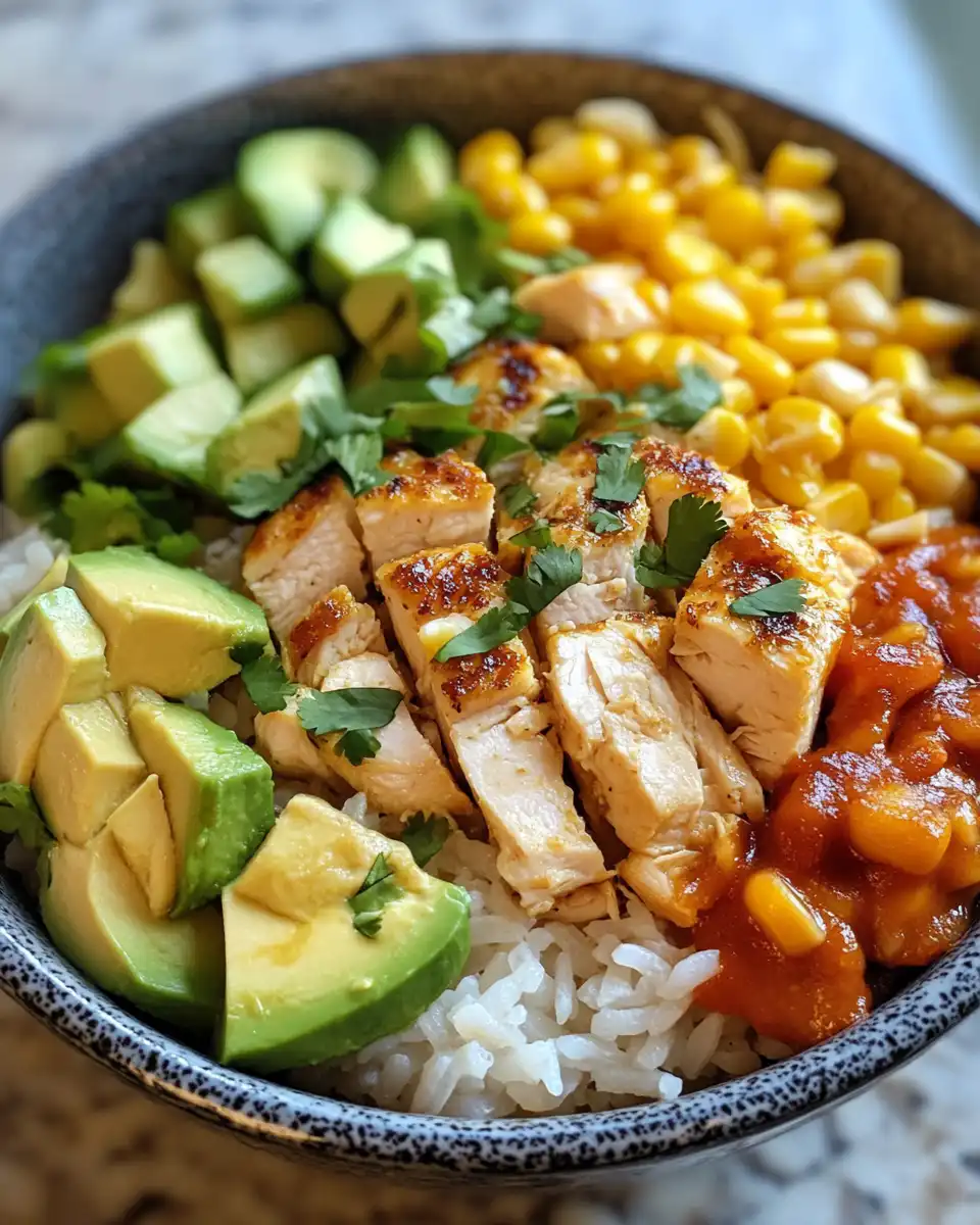 Close up of finished Street Corn Chicken Rice Bowl with creamy sauce and toppings