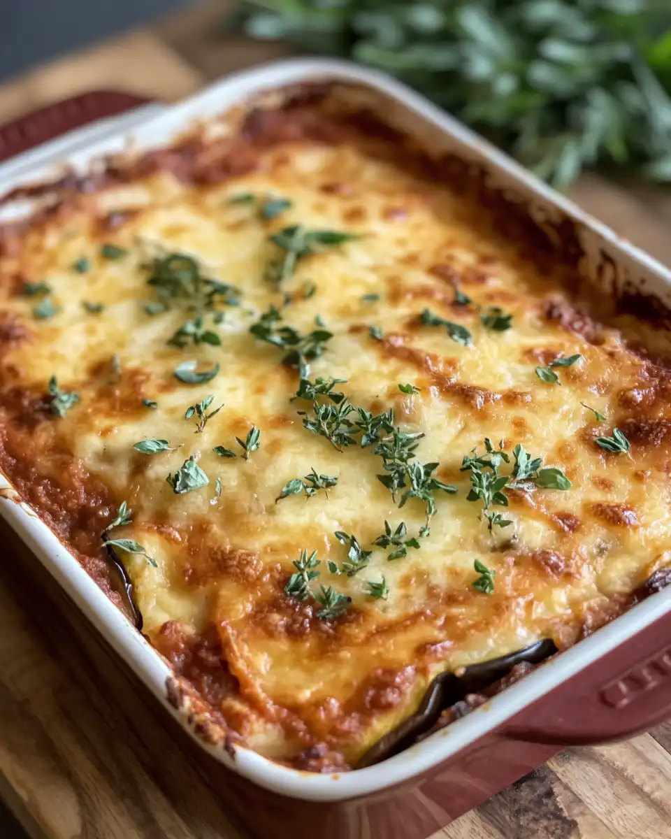 Finished golden bubbly eggplant lasagna ready to serve
