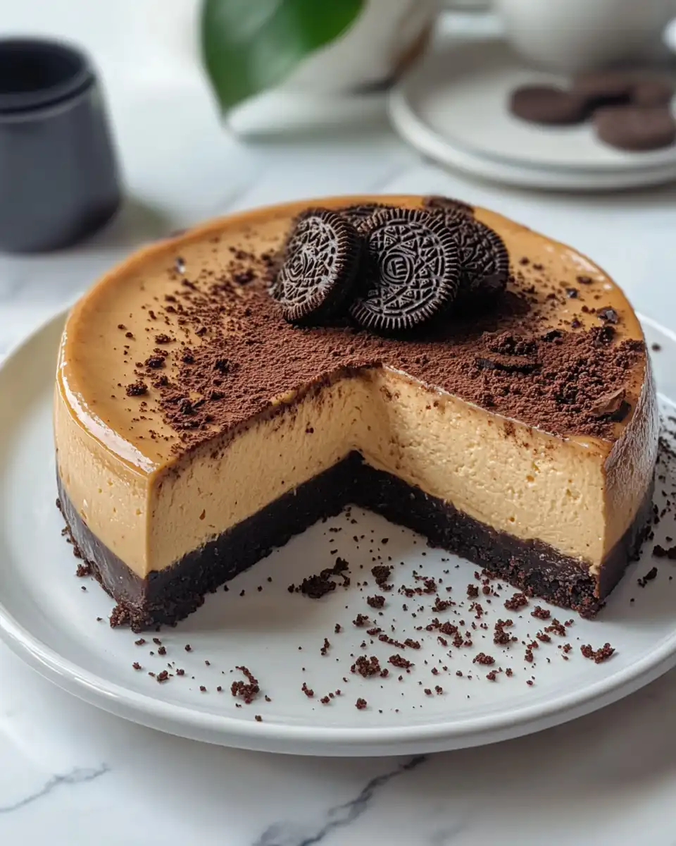 Ingredients for espresso cheesecake including Oreos, cream cheese, espresso