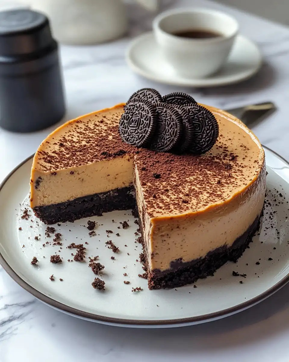 Sliced espresso cheesecake with Oreo crust and chocolate ganache ready to serve