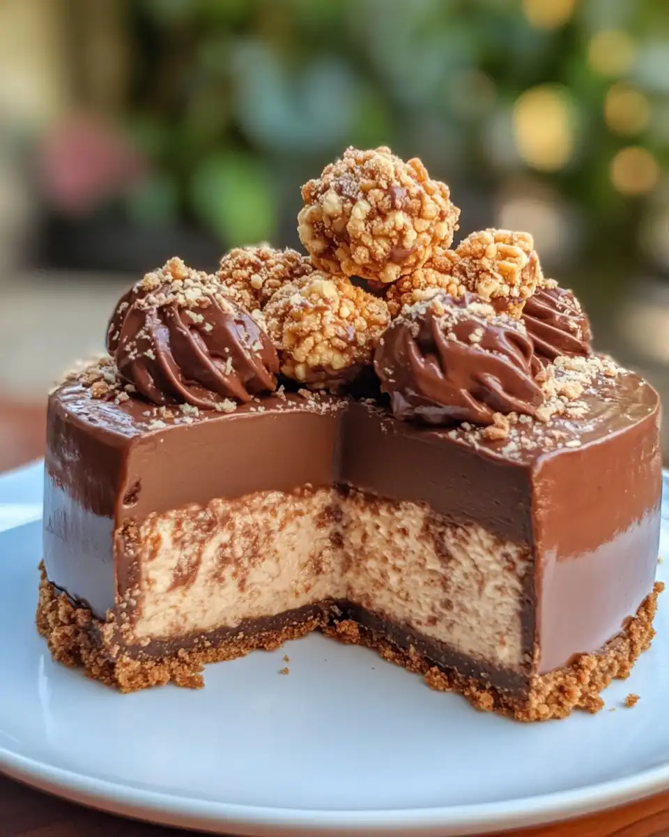 Finished Ferrero Rocher Nutella cheesecake topped with drizzle and decorations