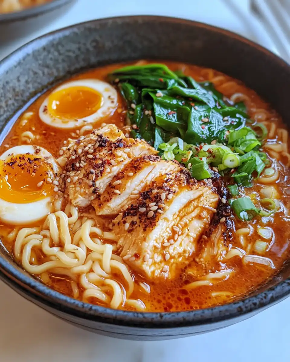 Close up of finished spicy chicken ramen bowl with creamy sauce and noodles