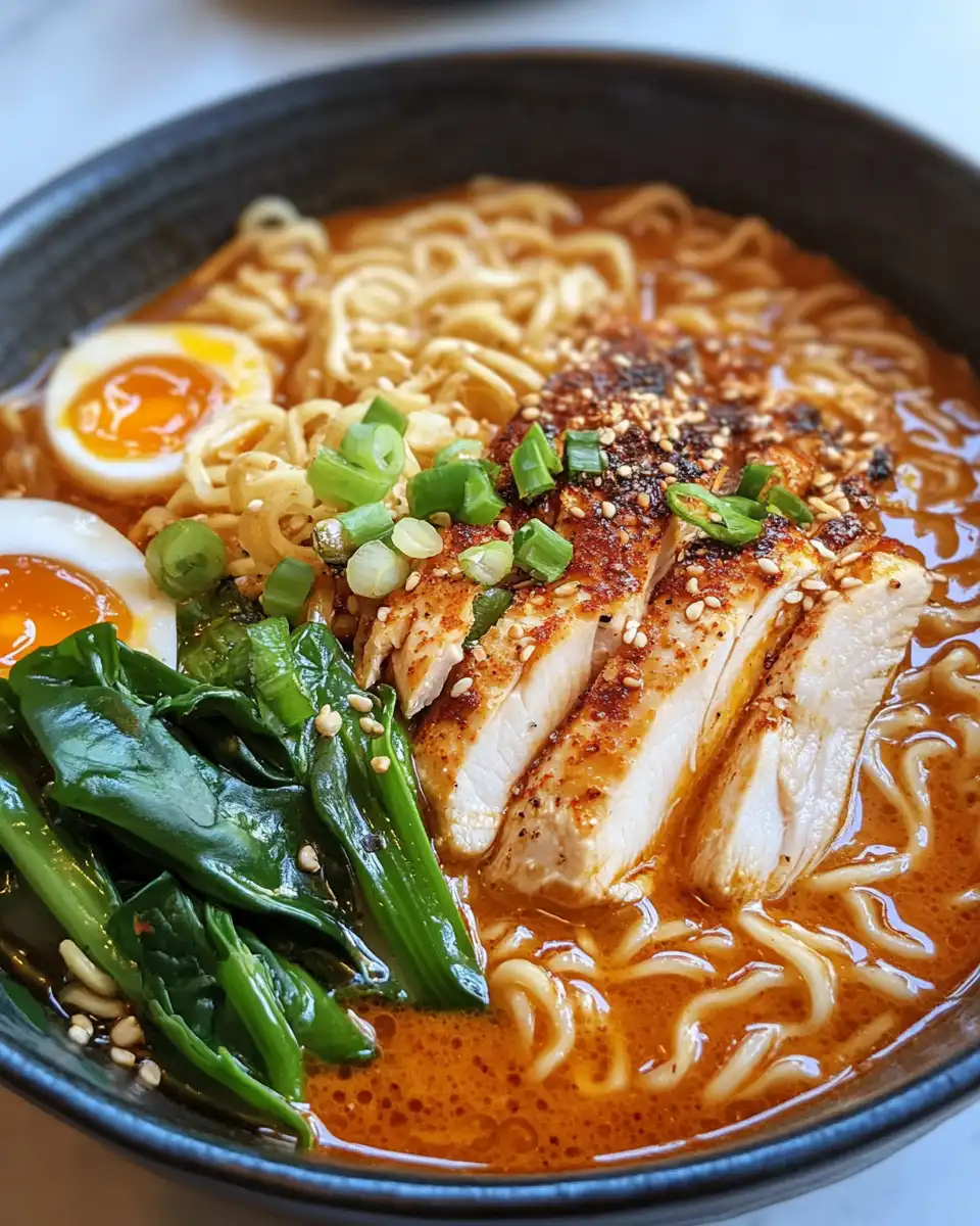 Steaming bowl of spicy chicken ramen with creamy garlic sauce and noodles