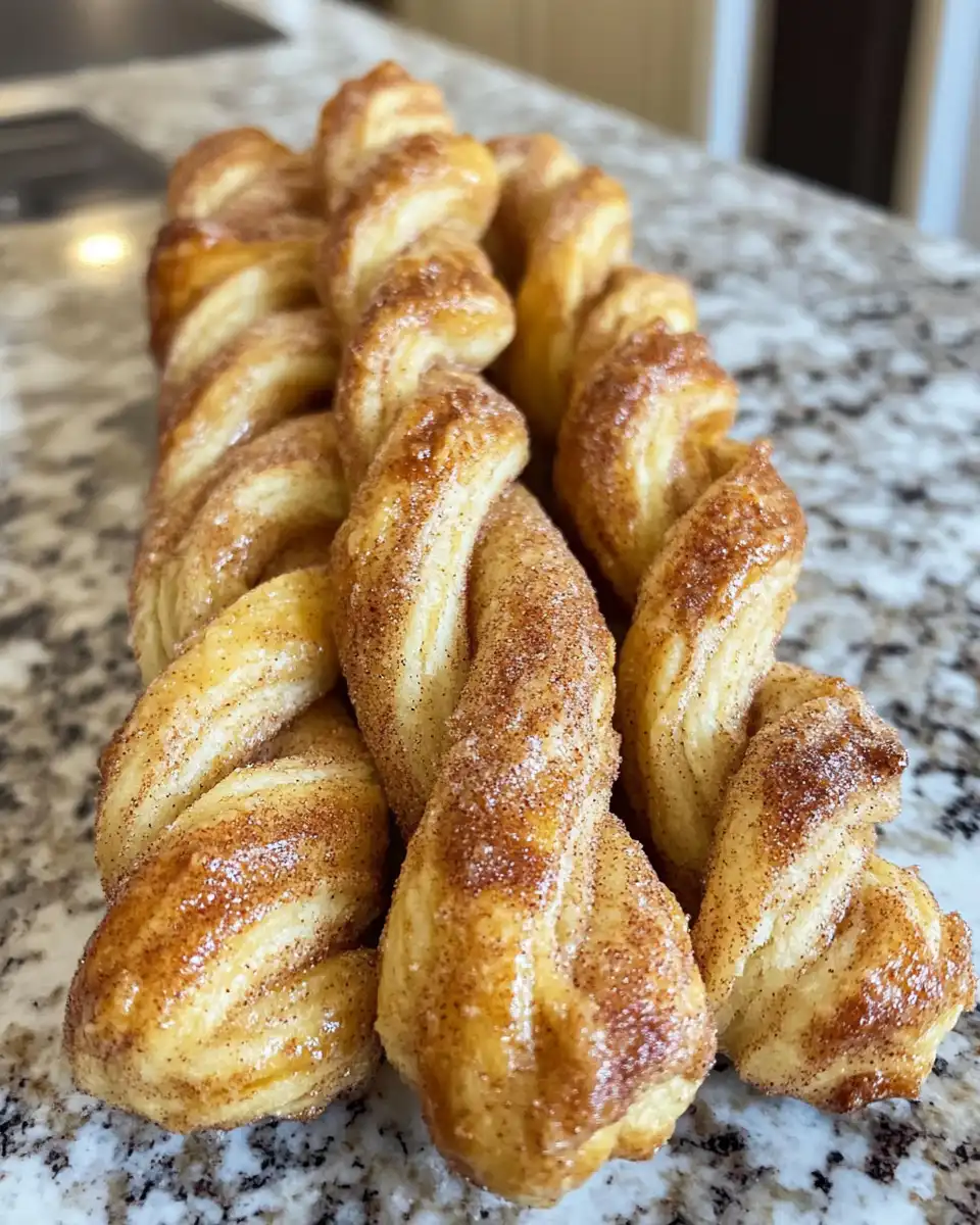 Twisting puff pastry strips coated with cinnamon sugar on baking sheet