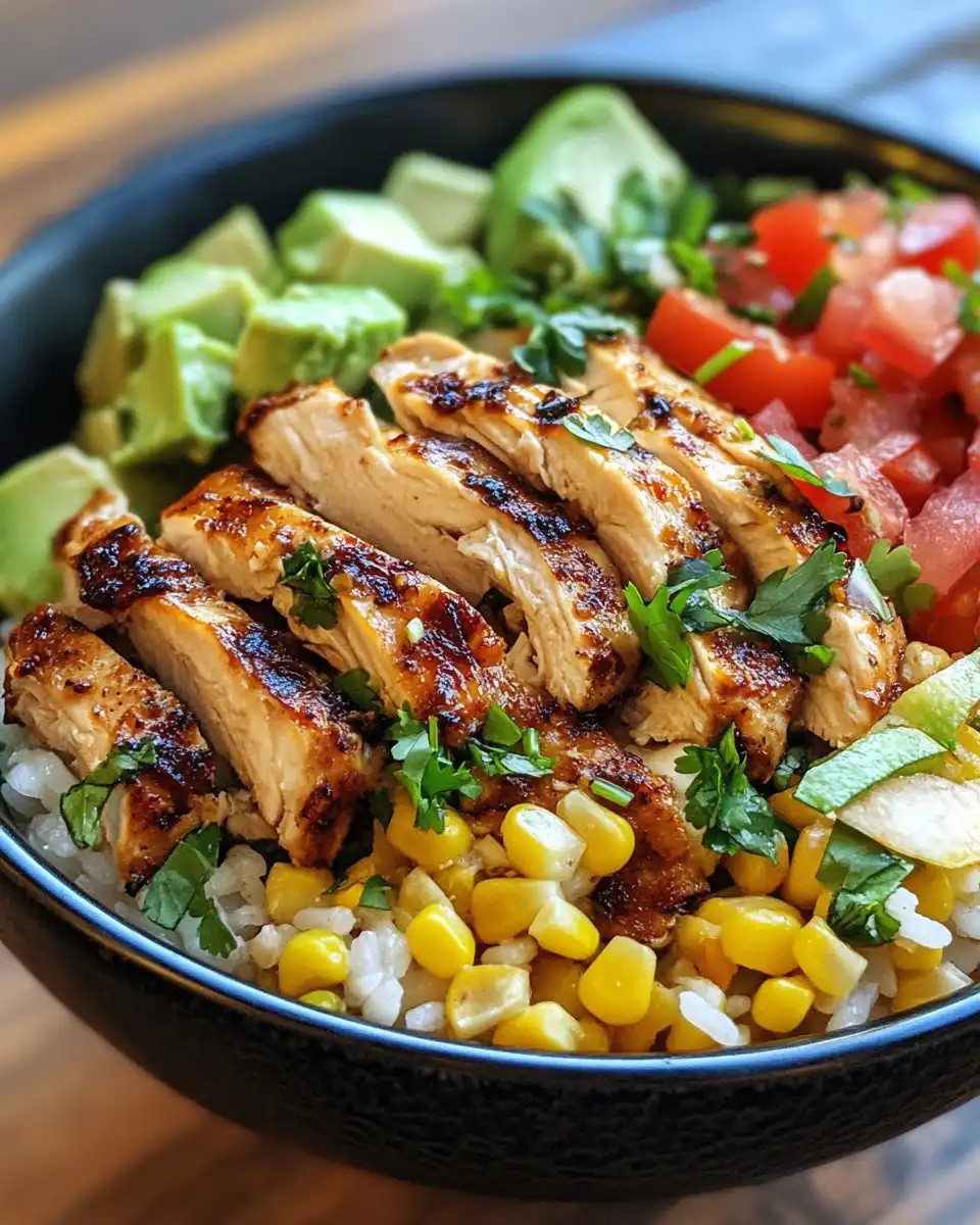 Searing chicken and sautéing veggies in skillet for street corn chicken rice bowl