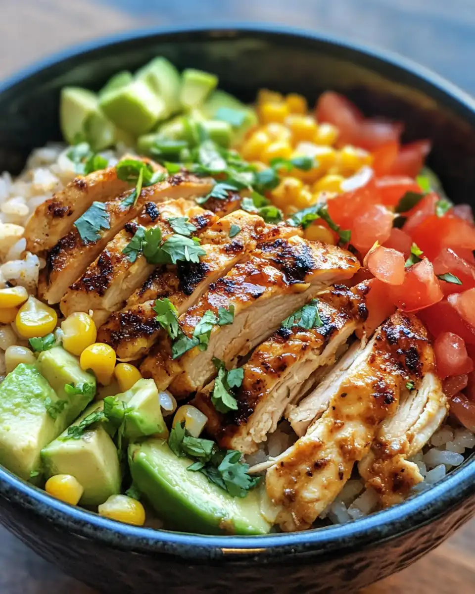 Close-up of finished street corn chicken rice bowl with creamy sauce and toppings