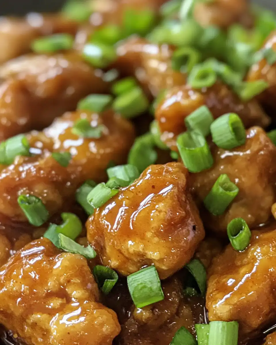 Close up of delicious cooked bourbon chicken on a plate
