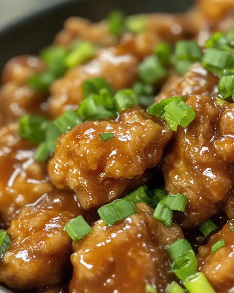 Bourbon chicken cooking in a pot with steam rising