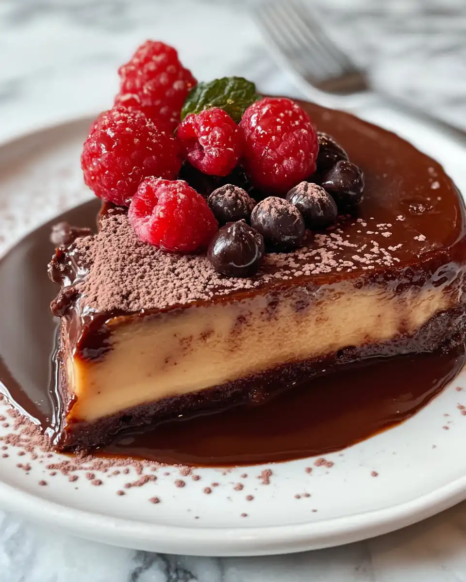 Close up of smooth chocolate flan texture ready to serve
