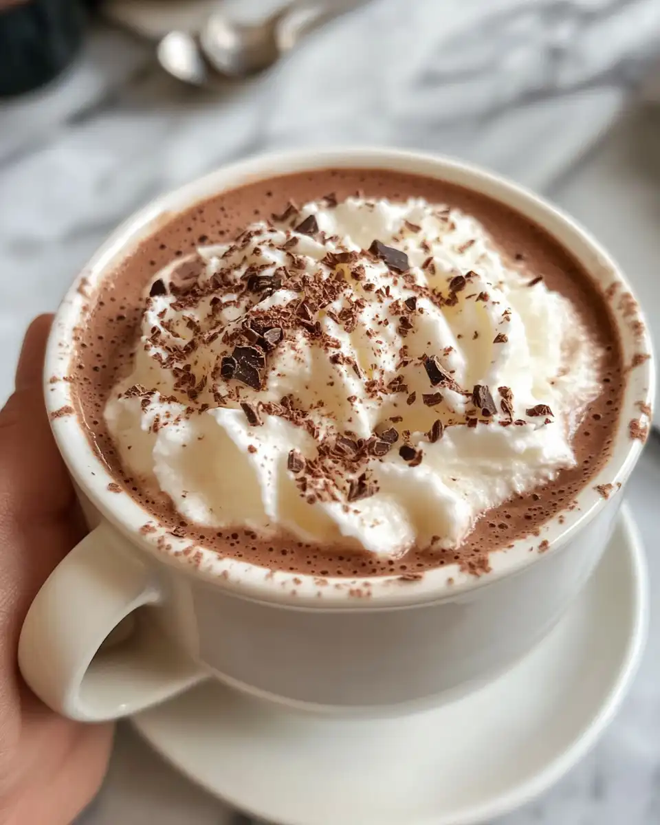 Warm cup of French hot chocolate in hands