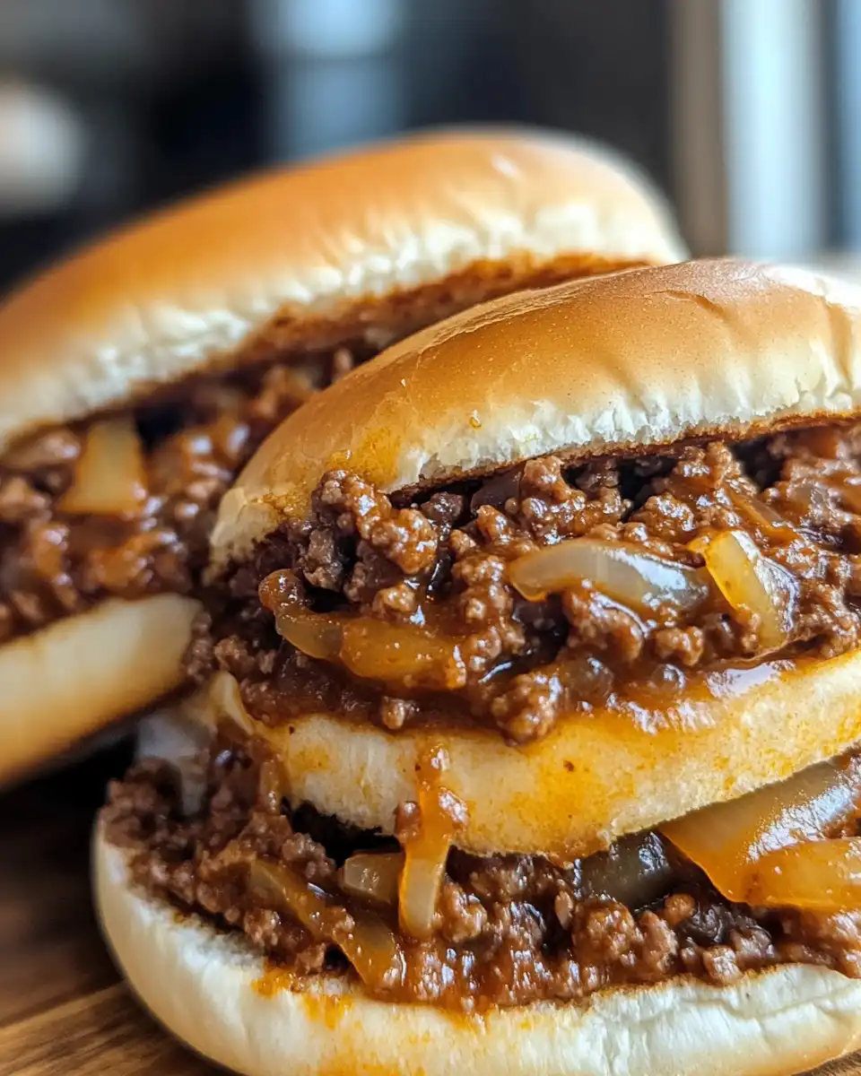 Fully assembled French Onion Beef Sloppy Joes served on toasted hamburger buns