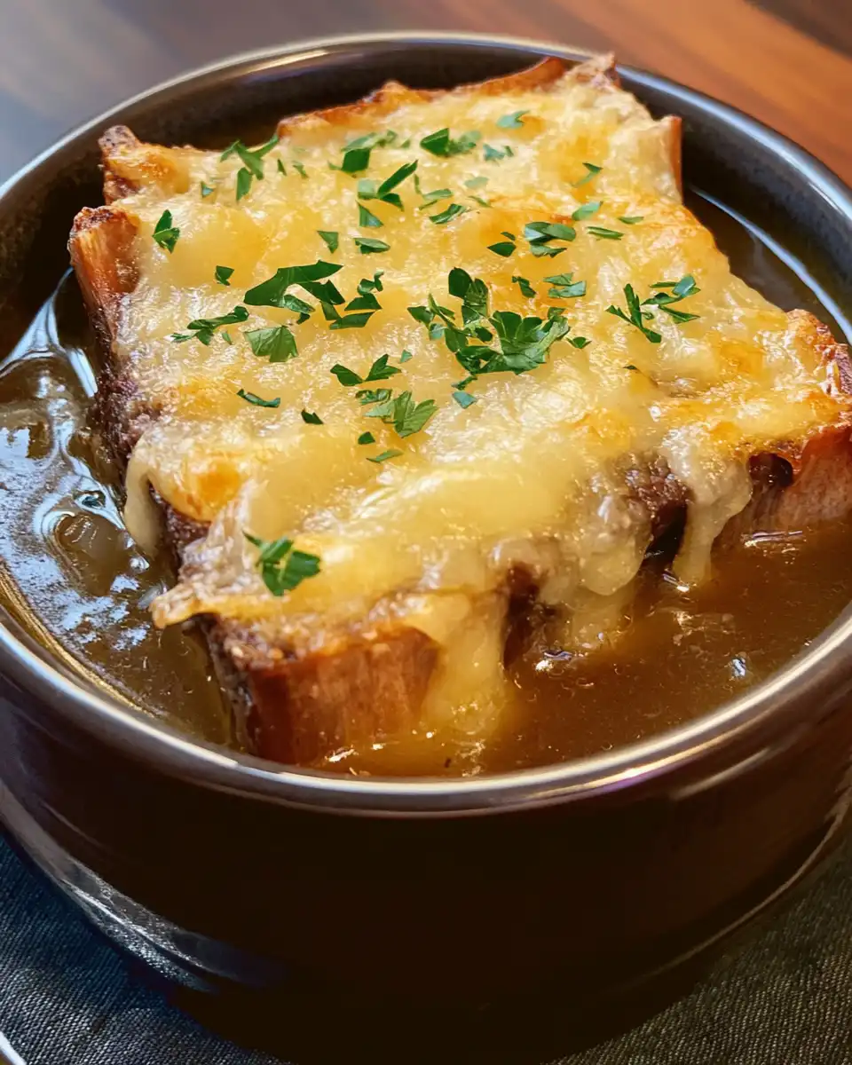 Bowl of finished French Onion Short Rib Soup garnished with fresh thyme