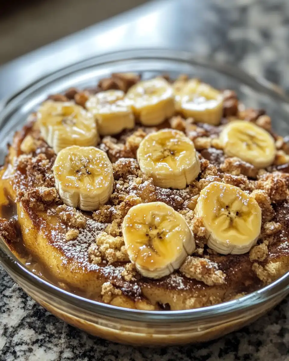 Ingredients for banana French toast bake including bread, eggs, milk, cream, and bananas