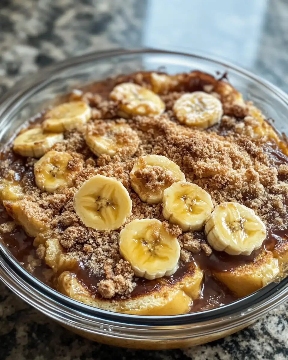 Finished golden banana French toast bake served on plate