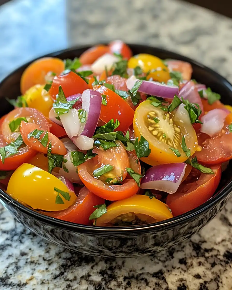 Ingredients for tomato garlic salad including tomatoes, garlic, sour cream and dill
