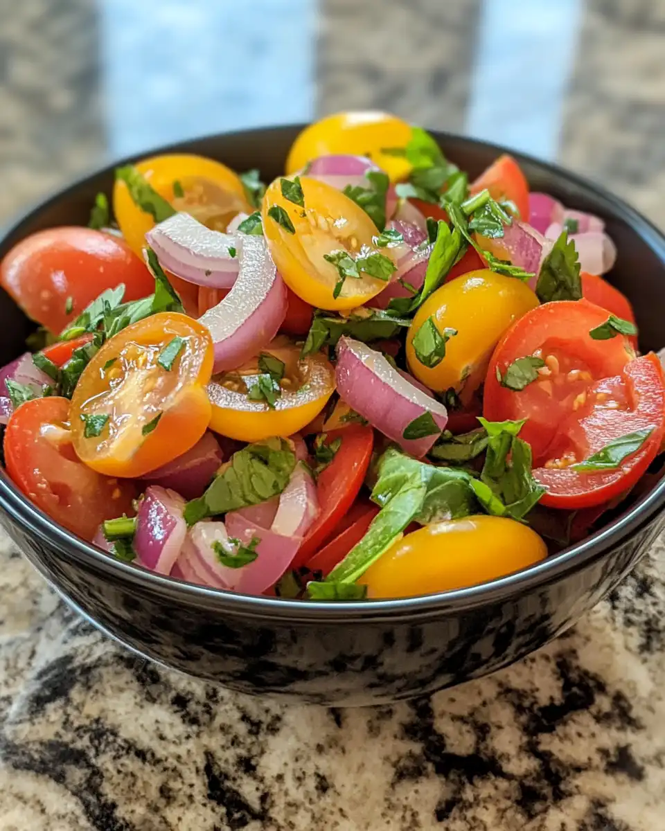 Creamy dressing clings to tomato slices in pressure cooker tomato garlic salad