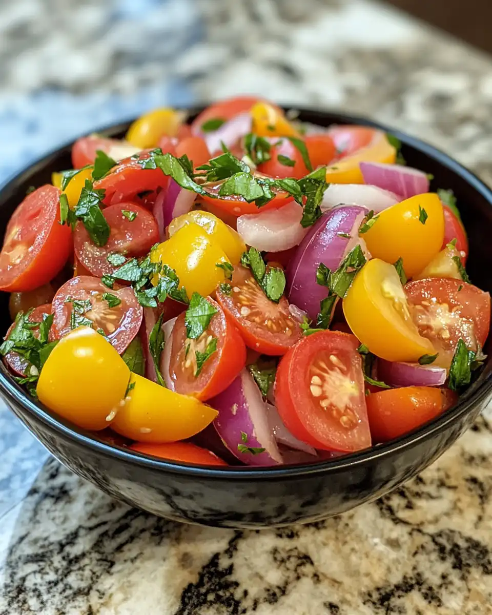 Fresh tomato garlic salad with bright colors and herbs