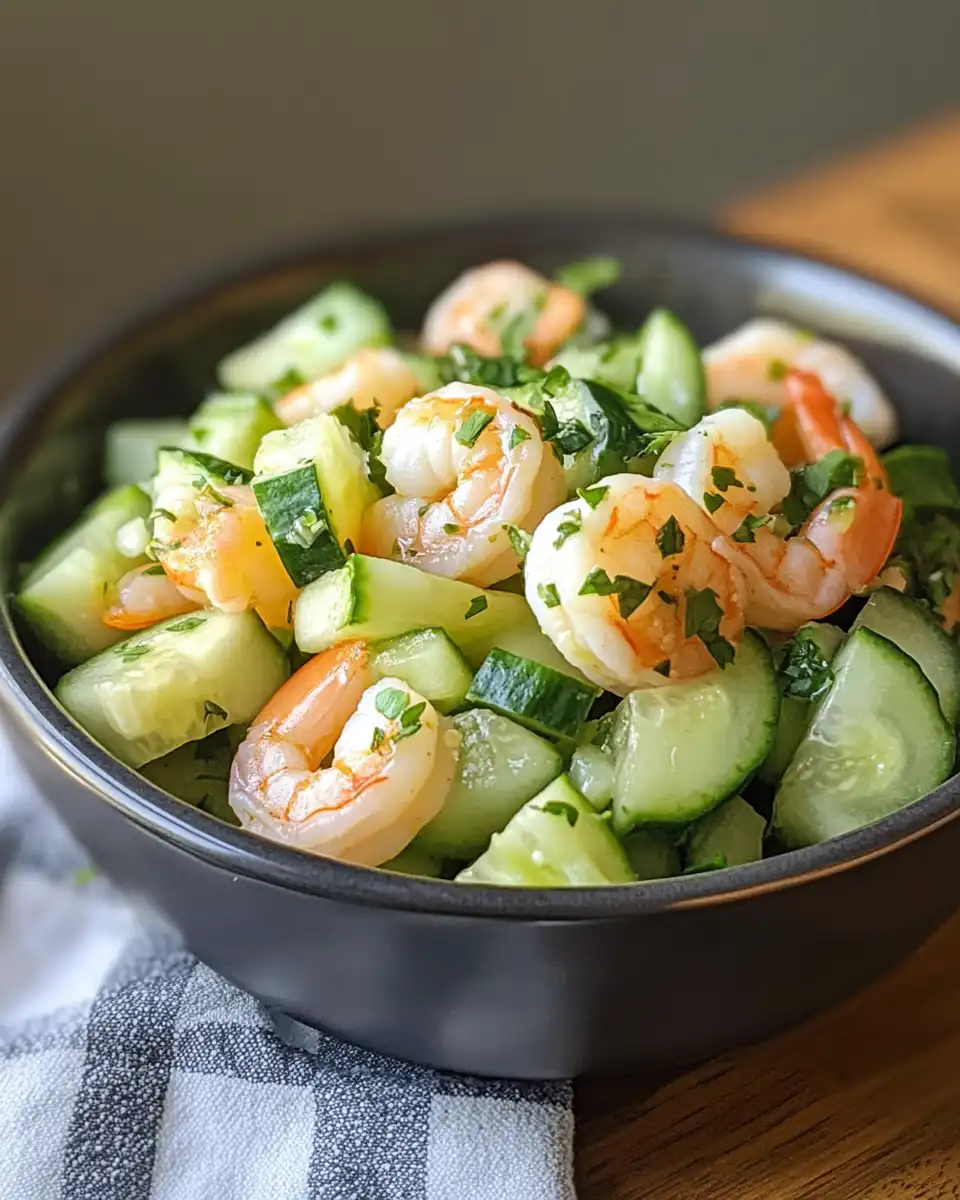Ingredients of cucumber shrimp salad on kitchen counter