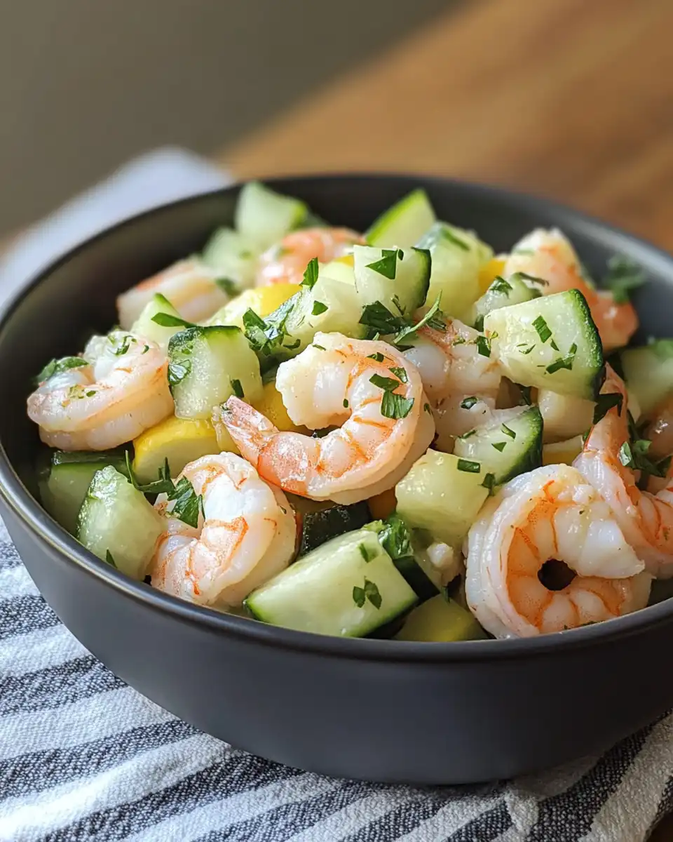 Process of tossing cucumber shrimp salad in dressing