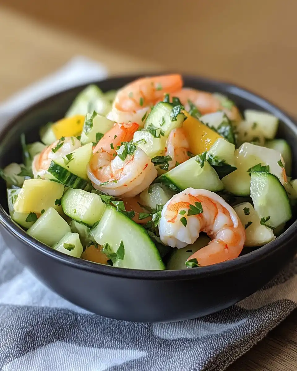 Fresh cucumber and shrimp salad with lime dressing in bowl