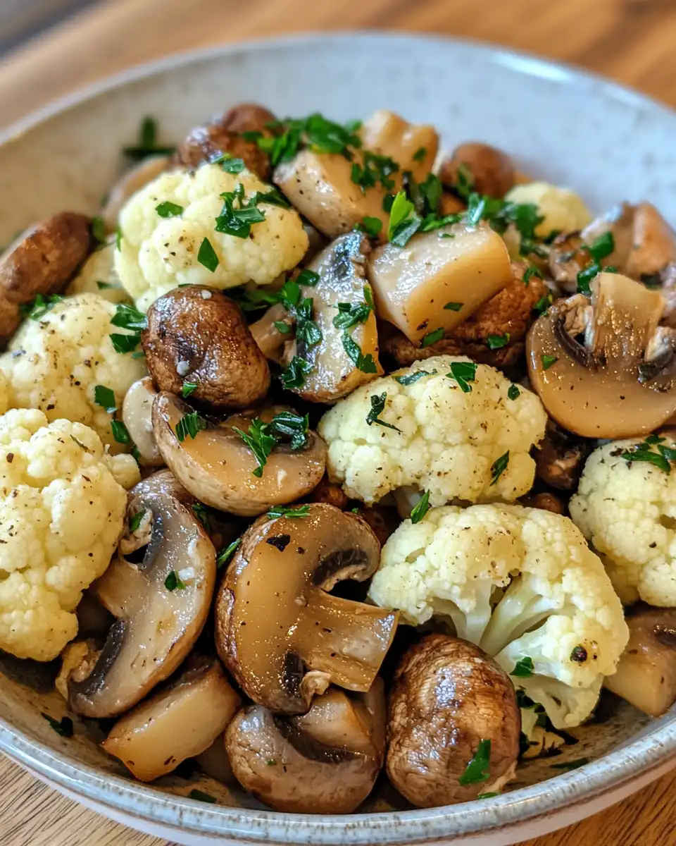 Ingredients for garlic mushrooms and cauliflower including thyme and garlic