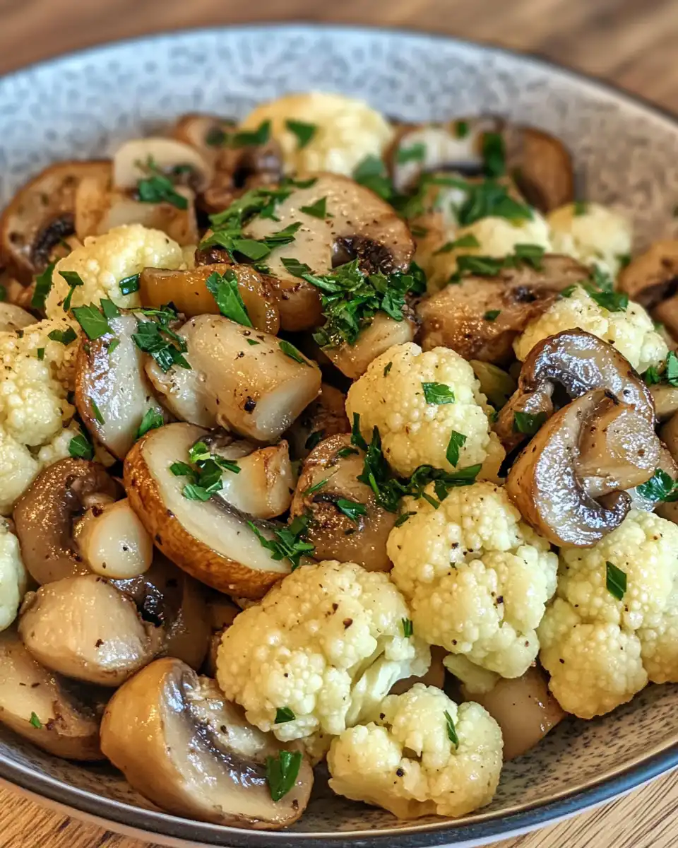 Finished garlic mushrooms and cauliflower served on plate
