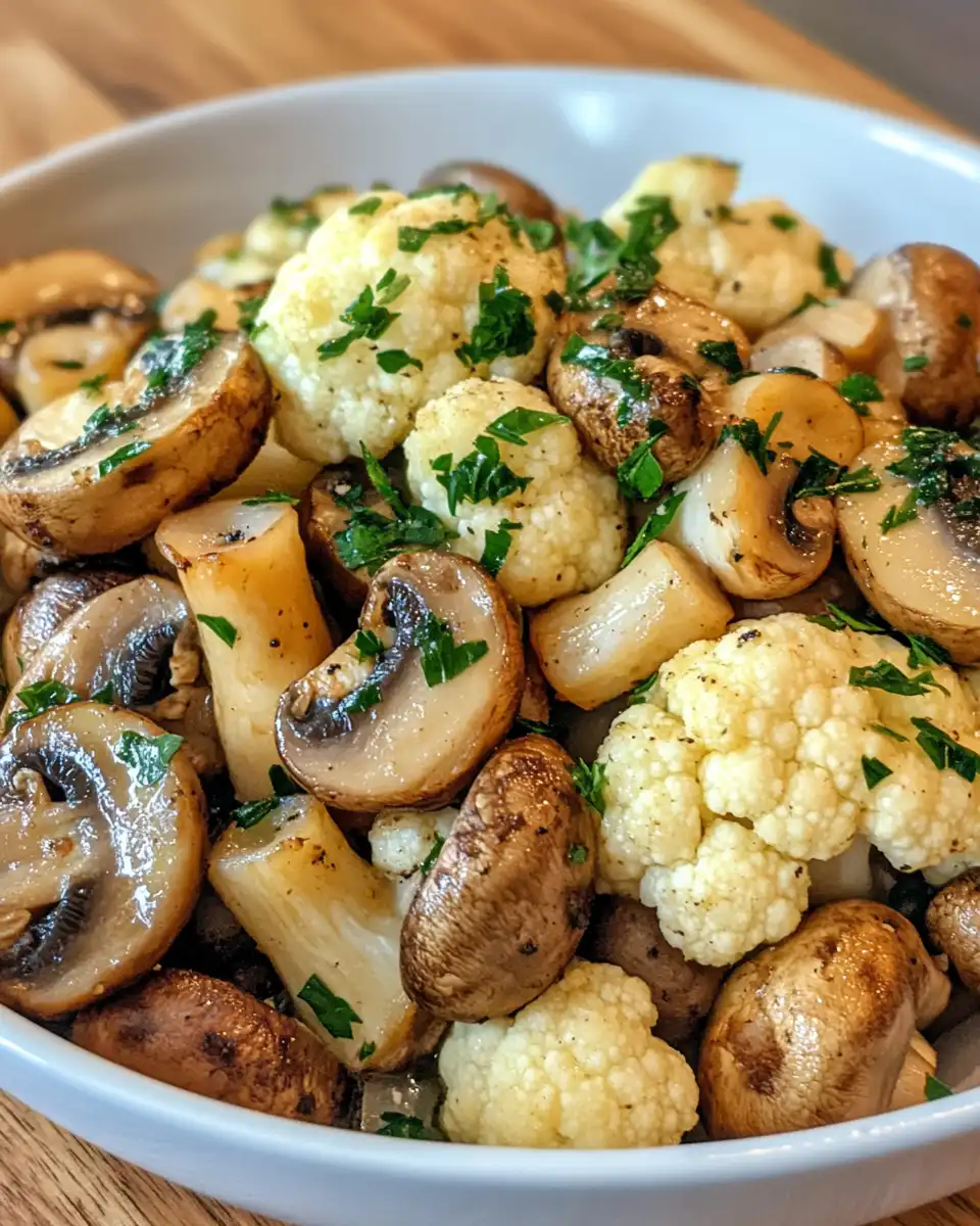 Steam rising as garlic mushrooms and cauliflower cook in pressure cooker