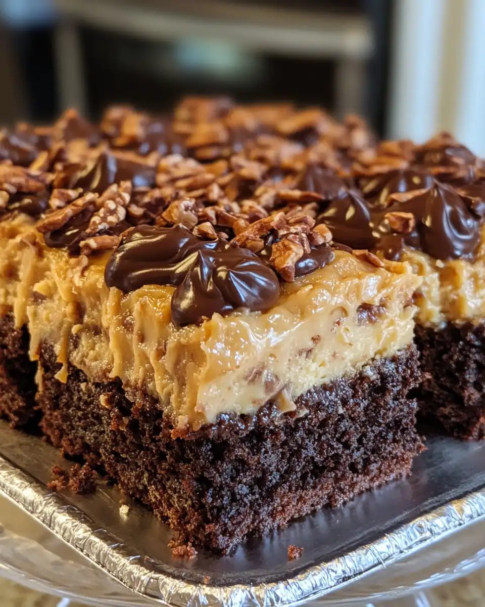 Slice of finished chocolate poke cake with pecans and coconut topping