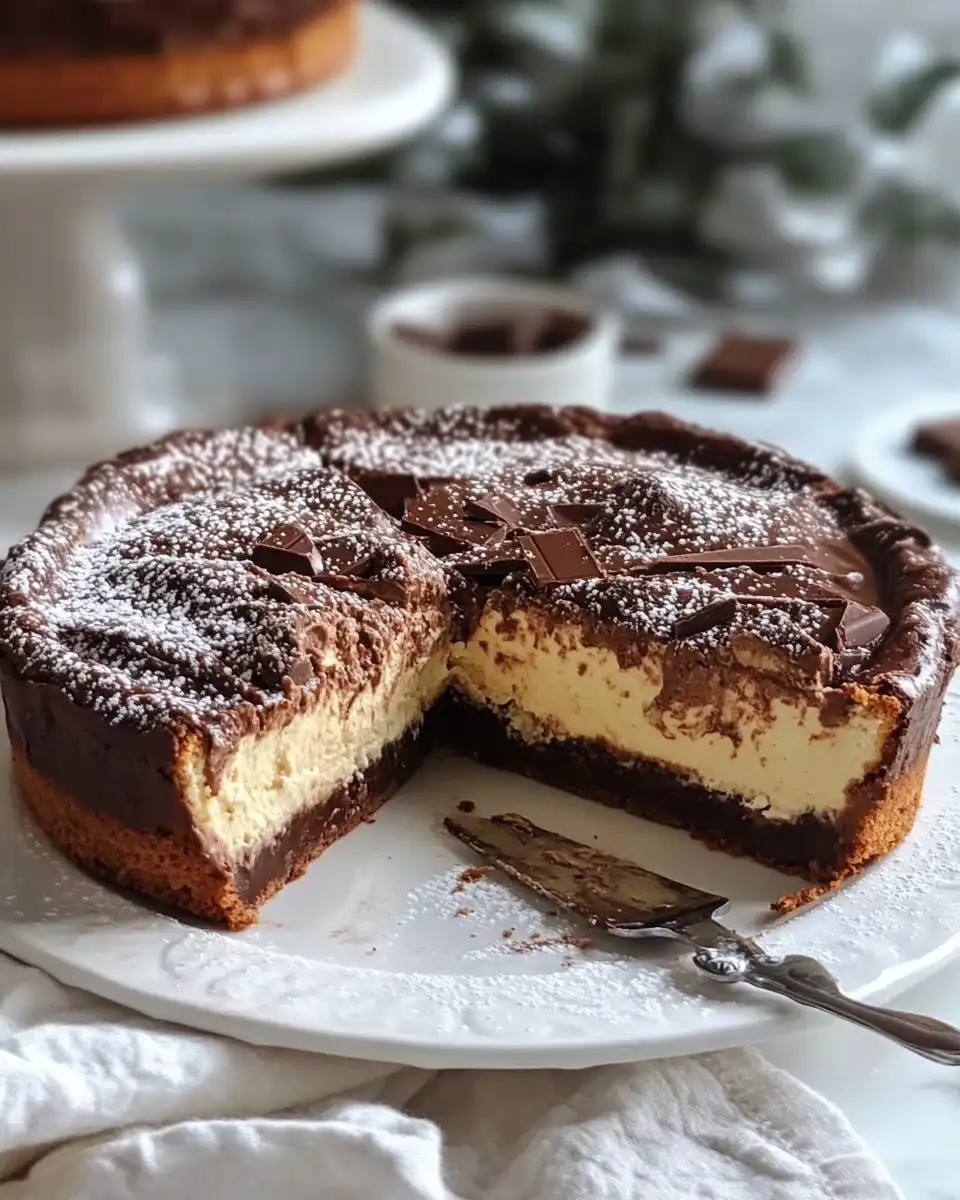 Slice of gluten-free ricotta and chocolate torta served on a plate with powdered sugar