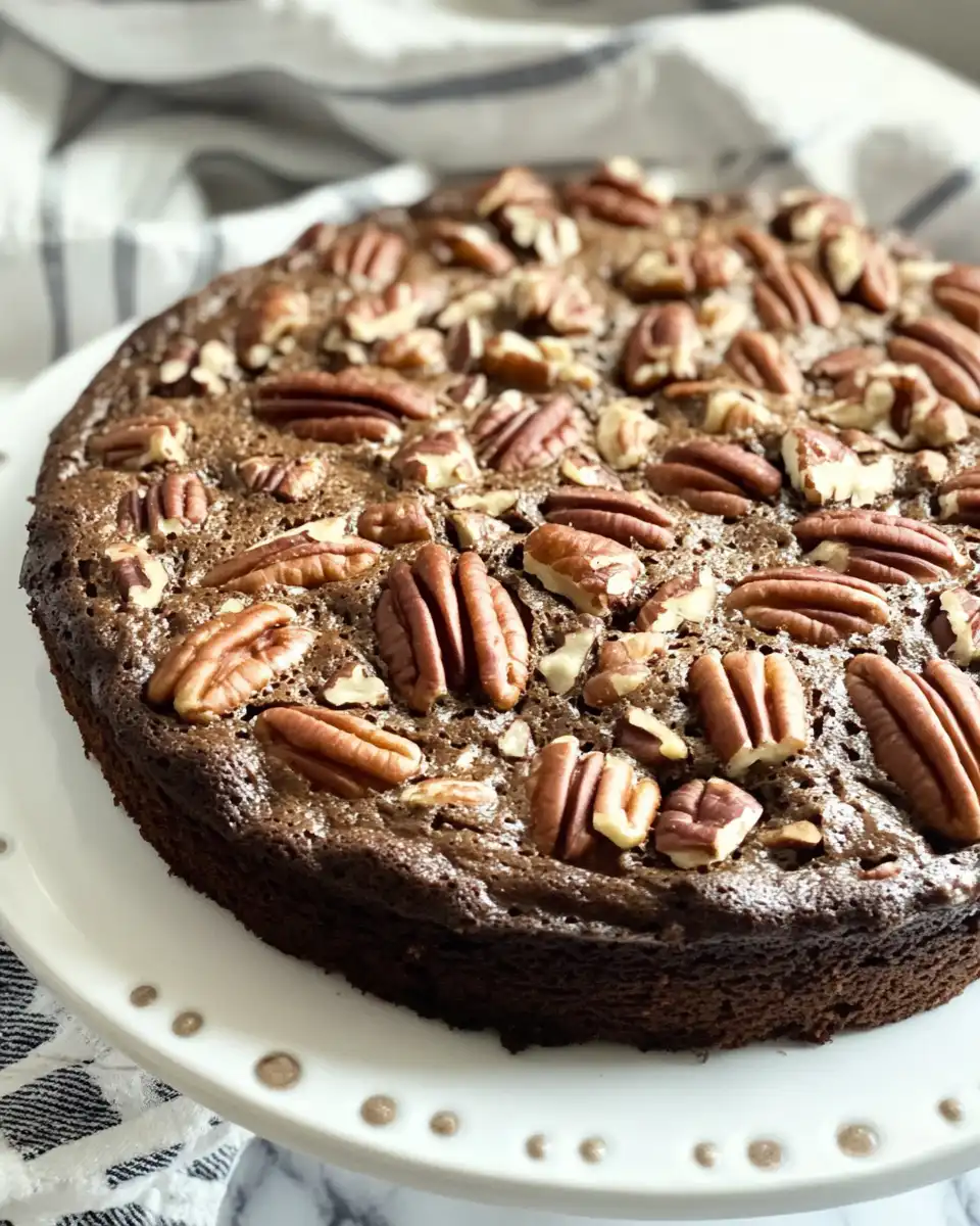 Freshly pressure cooked gooey chocolate pecan cake with pecan topping