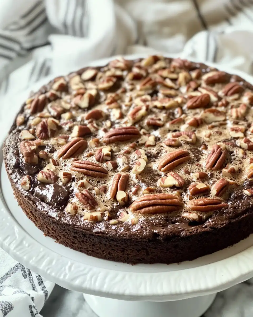 Gooey chocolate pecan cake just out of the pressure cooker with steam rising