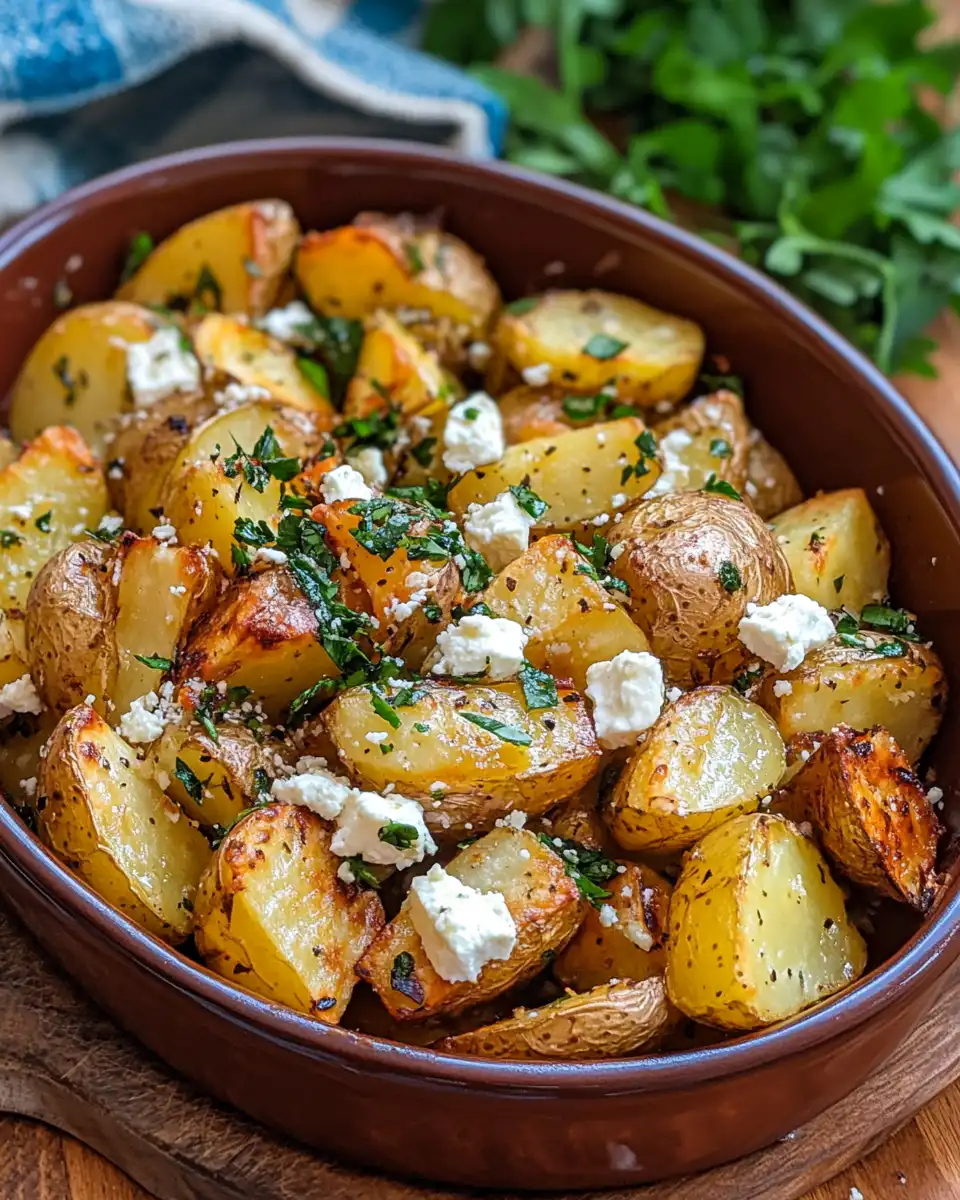 Final plated golden roast potatoes topped with fresh herbs and crumbled feta cheese