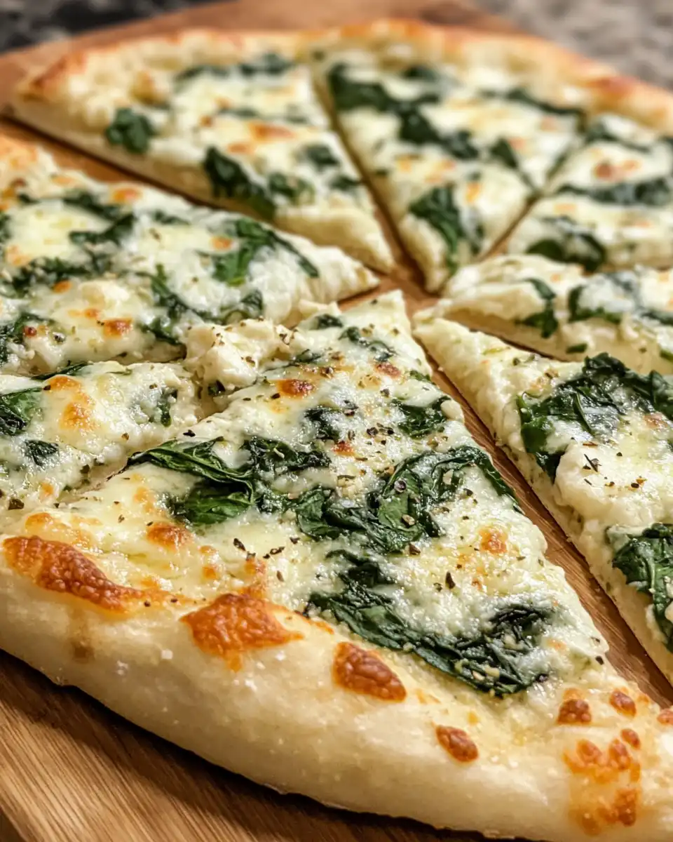 Close up shot of sliced roasted garlic spinach pizza with melty cheese