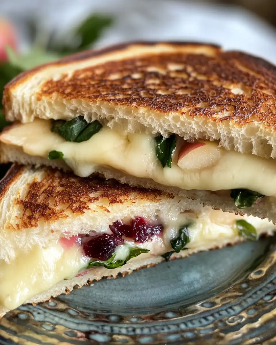 Ingredients layered for pressure cooker grilled cheese with cranberry and brie