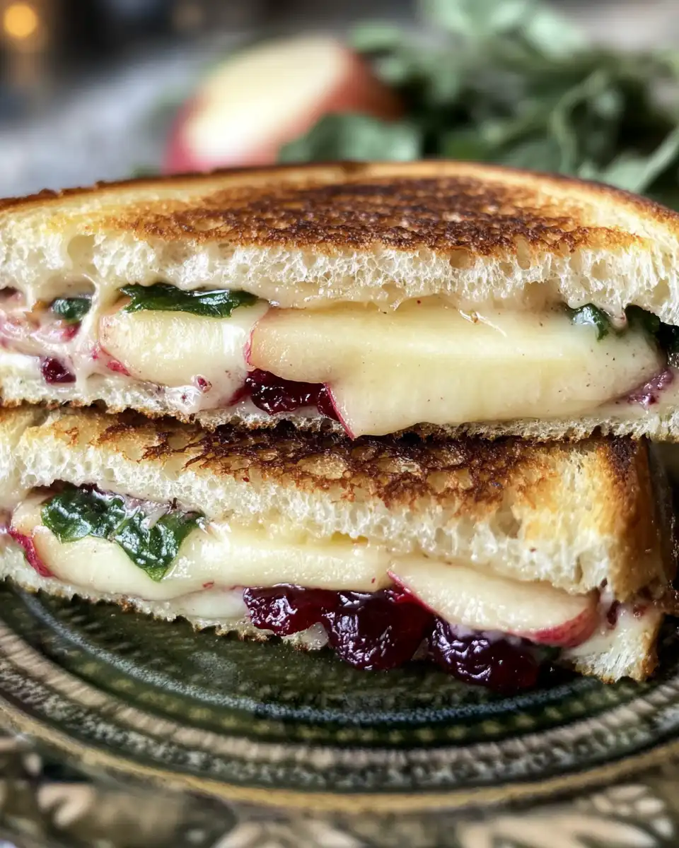 Served pressure cooker grilled cheese sandwich cut in half showing melted brie and cranberry
