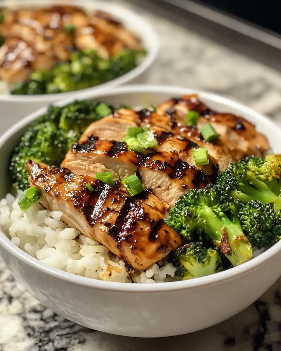 Final plated grilled chicken and broccoli with honey mustard glaze and chives