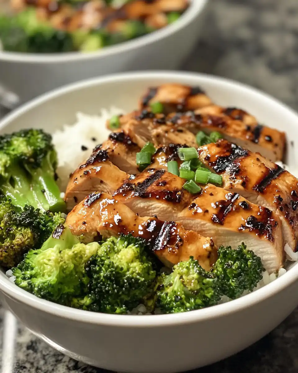 Grilled chicken and broccoli bowls ready to eat with honey mustard glaze