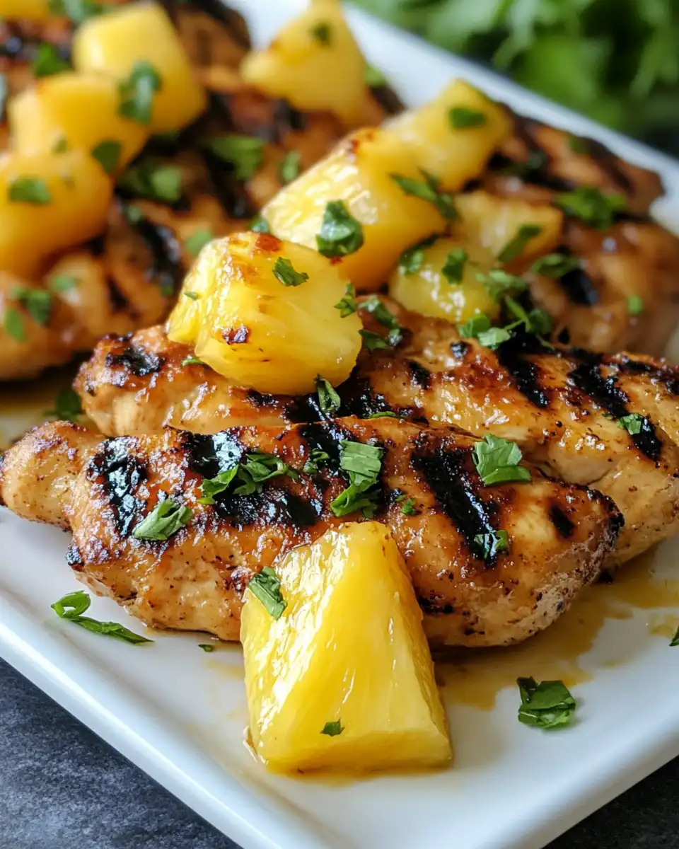 Plated grilled mango pineapple chicken with fresh cilantro and lime garnish